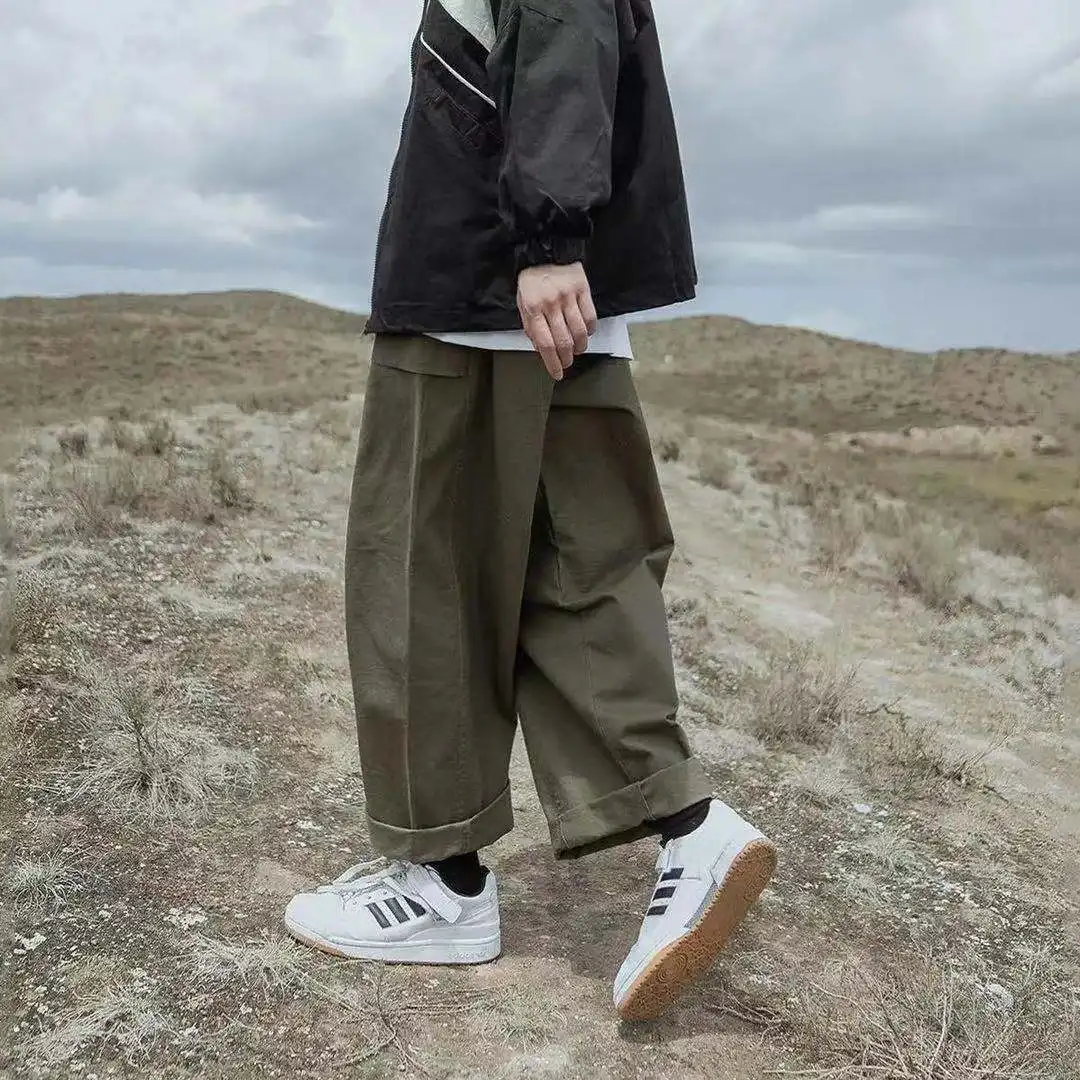 

Japanese Style Men's Retro Loose Overalls Casual Pants Elastic Waist Black Color Trousers Fashion Trend Baggy Wide Leg Pants