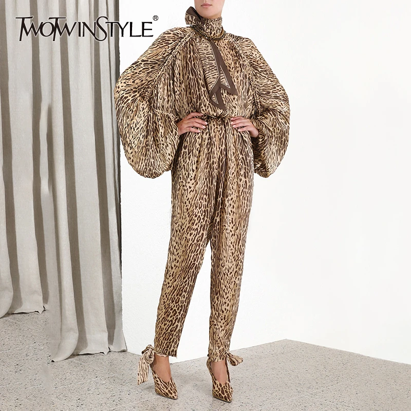 

TWOTWINSTYLE Vintage Lace Up Two Piece Set Female Lapel Collar Batwing Long Sleeve Ruched Long Pants Women's Sets 2019 New