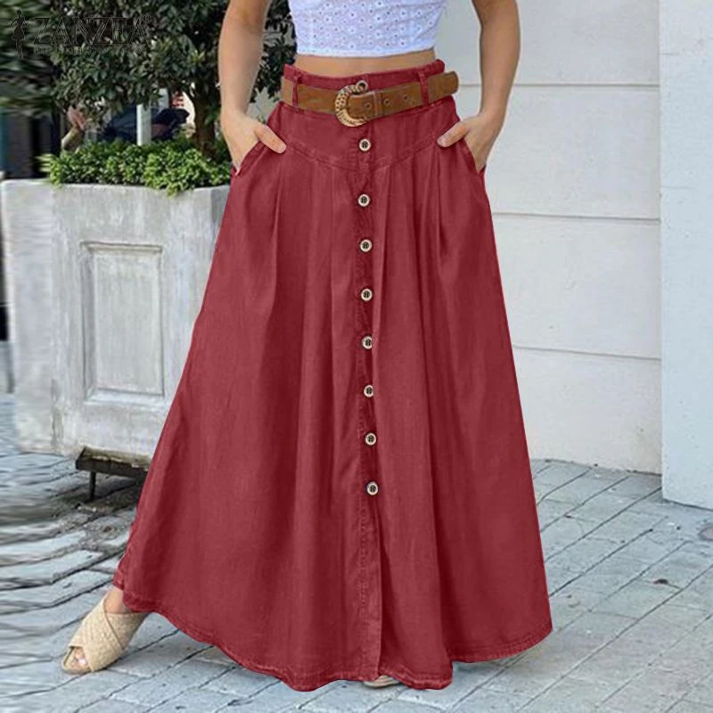Faldas largas informales de cintura alta para mujer, ropa de calle botones y botones, color liso, Otoño, 2021|Faldas| - AliExpress