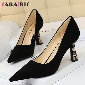 

SARAIRIS Classic Ladies High Heels Ol Pumps Office Sexy Pointed Toe Pumps Women Elegant Shallow Flock Shoes Woman