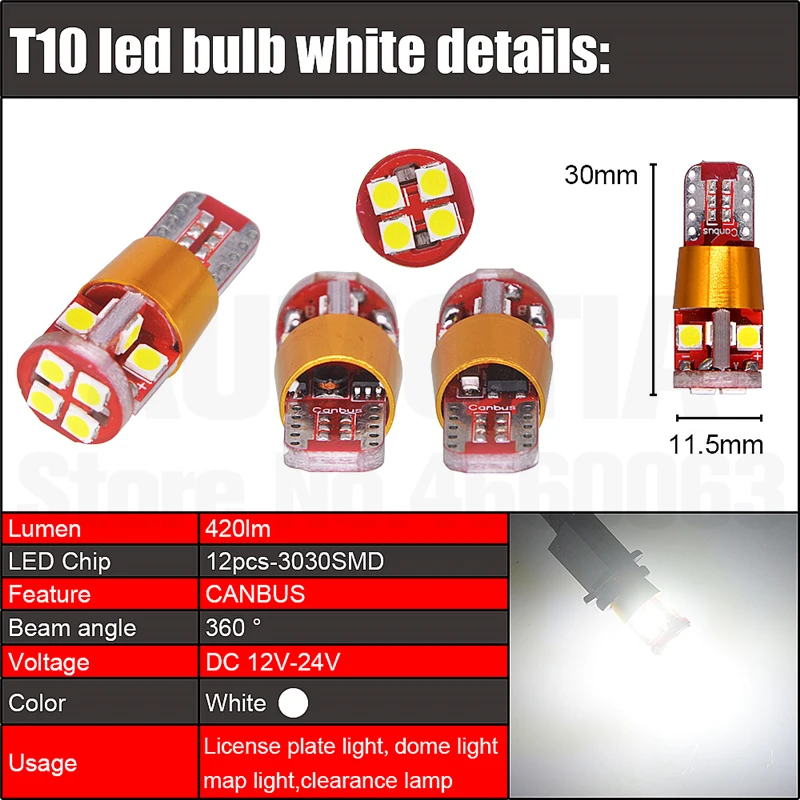 100x T10 Автомобильный светодиодный светильник W5W 12 Светодиодный s 3030 SMD Авто Canbus поворотный боковой светильник номерного знака габаритная лампа
