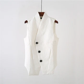 

New Men's White Stylish Printing Slim Fit Vest Waistcoat Hairstylist Irregular Sleeveless Coat Single Breasted D64