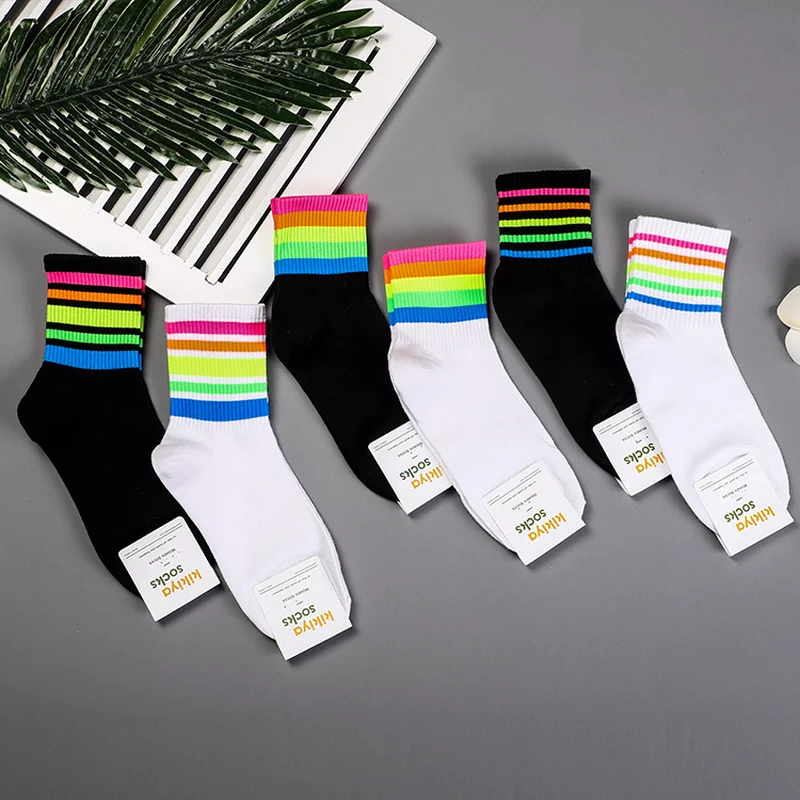 Однотонные носки в радужную полоску с принтом женские хлопковые носки весенне-осенние модные трендовые повседневные спортивные дышащие впитывающие пот