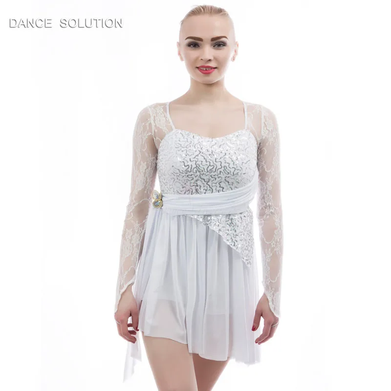 White Spandex Top With Sequin And Long Lace Sleeves Mesh Skirt Dance