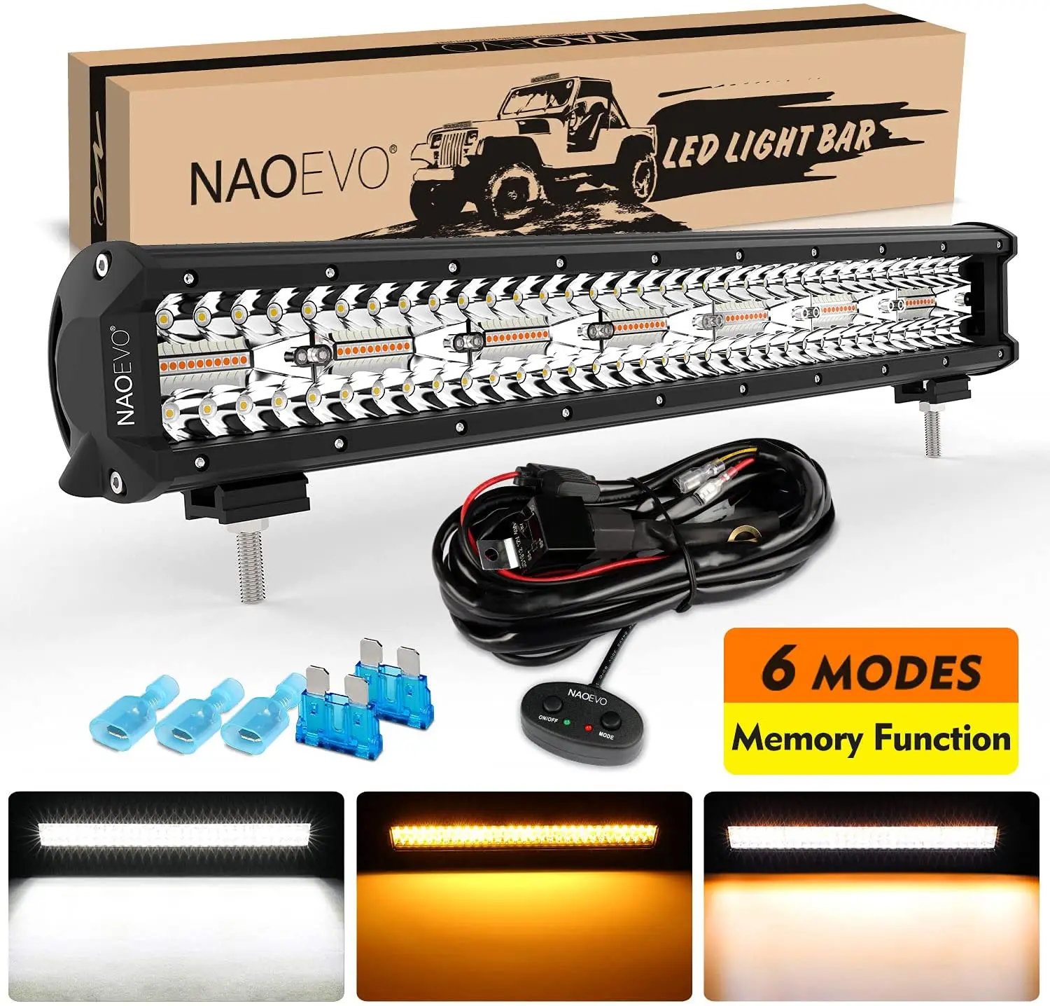 NAOEVO 20inch 210W 4×4 Offroad LED Light Bar Spot Flood Combo 6 Modes Amber White led Work Light For Truck Tractor Jeep Pickup