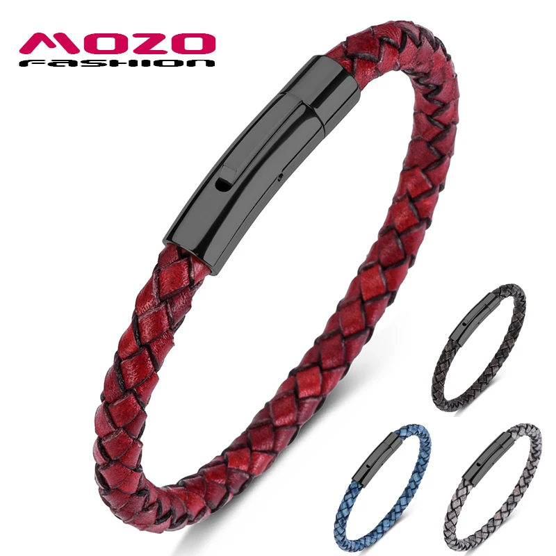 

MOZO FASHION 2020 Women Charm Bracelets Red Genuine Leather Rope Braided Bracelet Trendy Style Punk Men Classic Jewelry 602