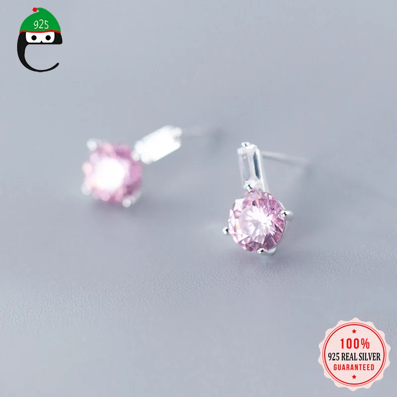 

ElfoPlataSi 100% 925 Solid Real Sterling Silver Jewelry Pink CZ Cute Small Stud Earring For Teen Girl Friend Kid Lady ED207