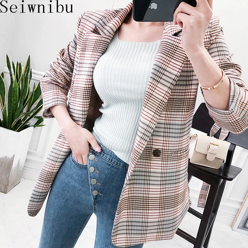 

Runway Plaid Chic Autumn Blazer Jacket Women Streetwear Long Sleeves Winter Blazer Coat Female Casual bow tie Coats