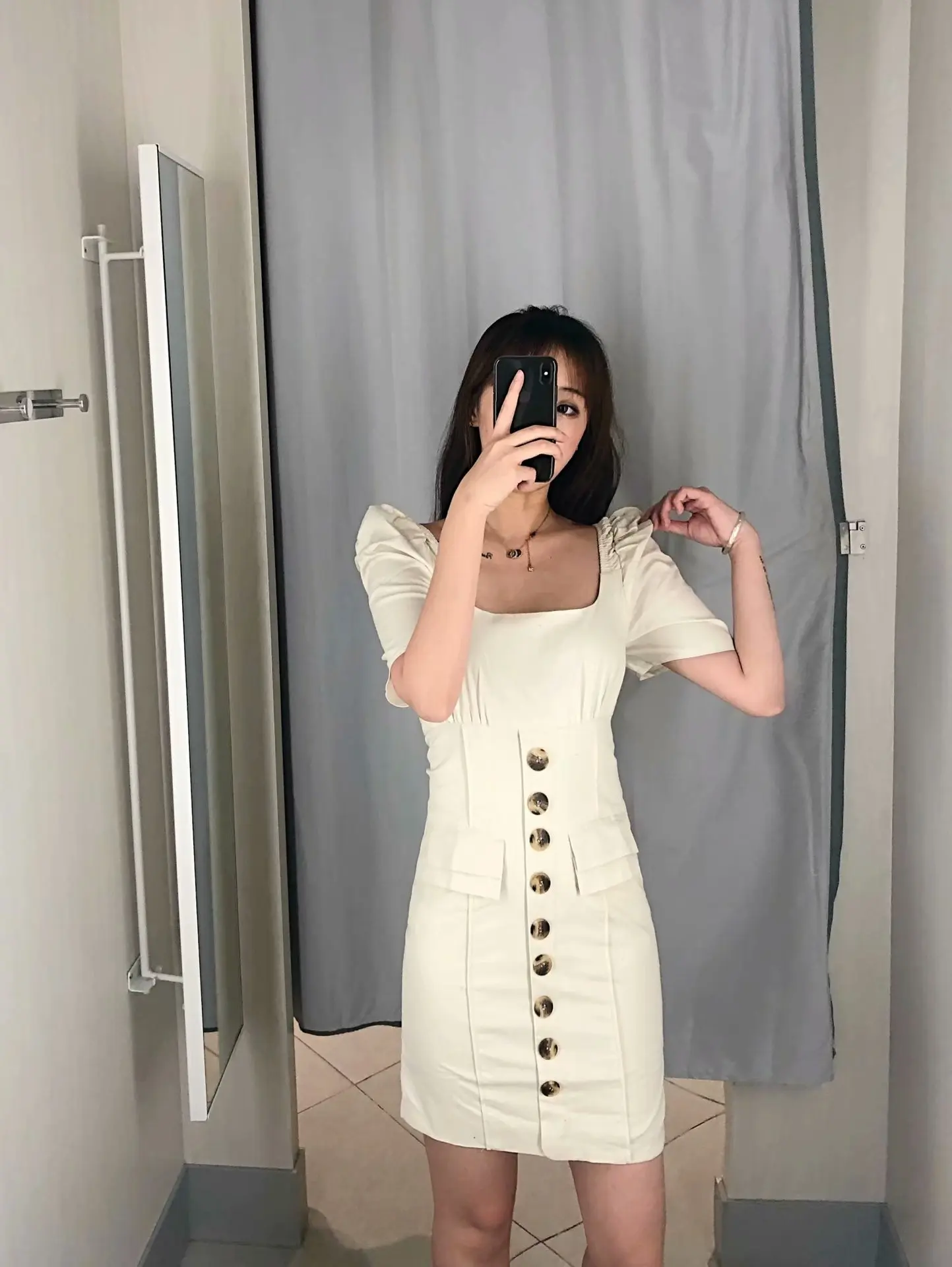 

2020 Summer New Style WOMEN'S Dress Versitile Fashion Slim Fit Slimming Puff Sleeve Solid Color Single-Breasted Dress