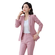 Elegant Formal Office Work Wear OL Single Breasted Women Pant Suit Pink Plaid Notched Blazer Jacket  Pant Lady Suits 2Pieces Set