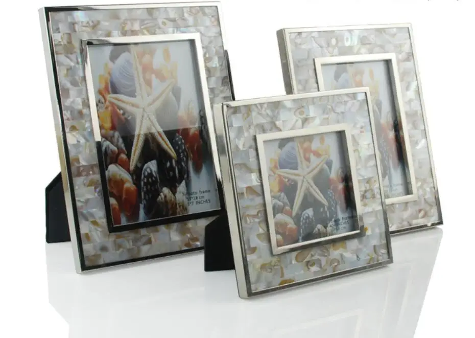 

Metal Photo Frame with Brown Strip Mother of Pearl Shell Picture Holder photo frame set picture frames for paintings 50WW019