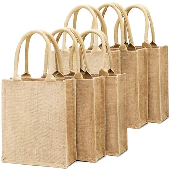 

Jute Tote Bag Pack of 6, Lined Burlap Tote Bags with Handles for Bridesmaid Wedding Gift Bag, Reusable and Heavy Duty