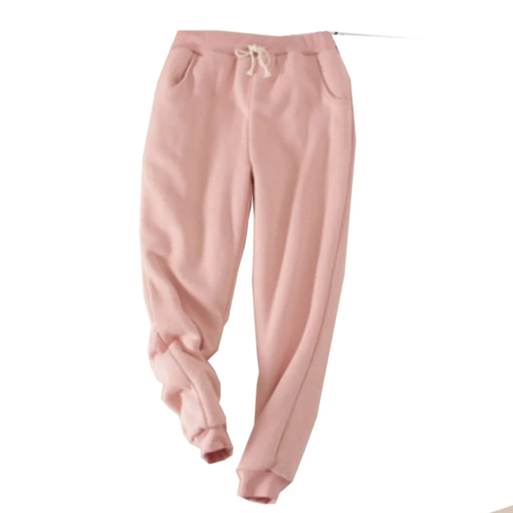 Women Winter Pants Thick Lambskin Cashmere Pants Warm Female Casual Loose Harlan Pants Drawstring Waist Long Trousers#T2G - Цвет: Pink