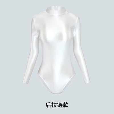 One piece plus size Oily swimsuit women sexy tight glossy high fork long sleeve swimsuit solid color T-shirt