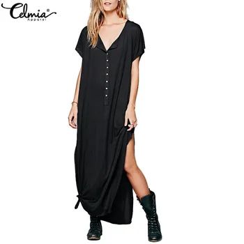 

Celmia Bohemian Dress 2020 Summer Women Sexy O Neck Short Sleeve Split Long Maxi Sundress Casual Loose Plus Size Vestidos Robe