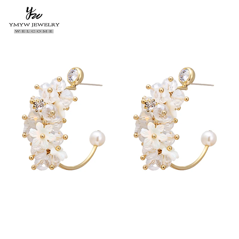 

YMYW Luxury Exquisite Crystal Shell Flower Stud Earrings Copper Statement Charm 16 K Metal Earrings for Women Wedding Oorbellen