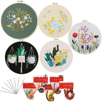 

Pack Embroidery Starter Kit for Beginners,5x Embroidery Cloth with Pattern,5x Bamboo Embroidery Hoops,Threads Kit