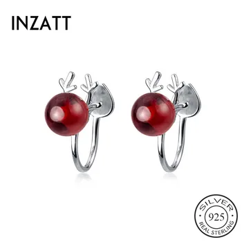 

INZATT Real 925 Sterling Silver Minimalist Red Stone Deer Clip Earrings For Fashion Women Party Fine Jewelry 2020 Accessories