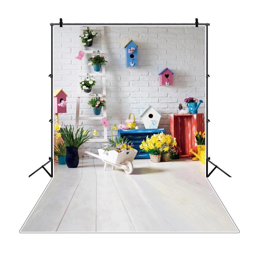 

Spring Easter Photography Background Blooms Flowers White Wood Floor Baby Party Portrait Photo Backdrop Photocall Photo Studio