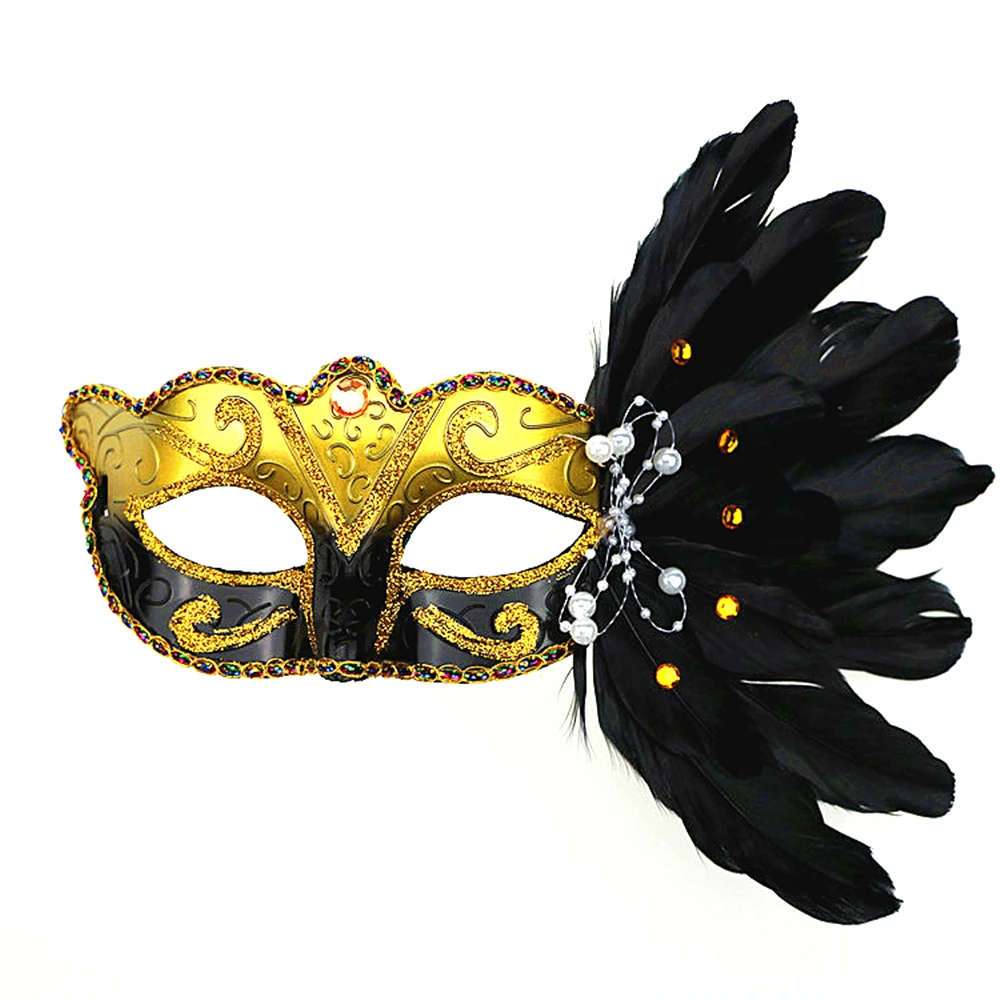 Маскарадные перья сексуальные маски с бриллиантами для женщин для полулица многоцветная принцесса маска сексуальные перья венецианские маски вечерние Декор реквизит - Цвет: Черный