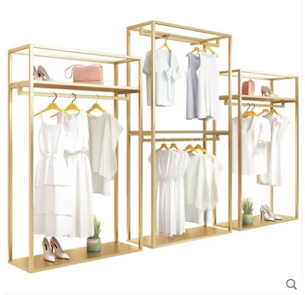 

Clothing store display shelf floor type women's clothing store display shelf iron art shelf decoration gold hanger