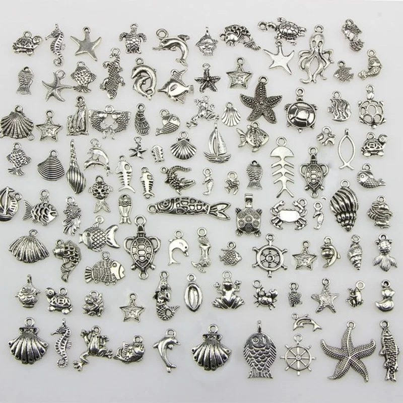 

50pcs Tibetan Silver Mixed Seahorse Shell Starfish Turtle Ocean Theme Biological Charms Pendant DIY Beads Jewelry Accessories