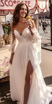 

Appliques Sweetheart Wedding Dress Puff Sleeves Sexy Backless High Slit Long Dresses Beach Prom Custom Summer Hot Sale