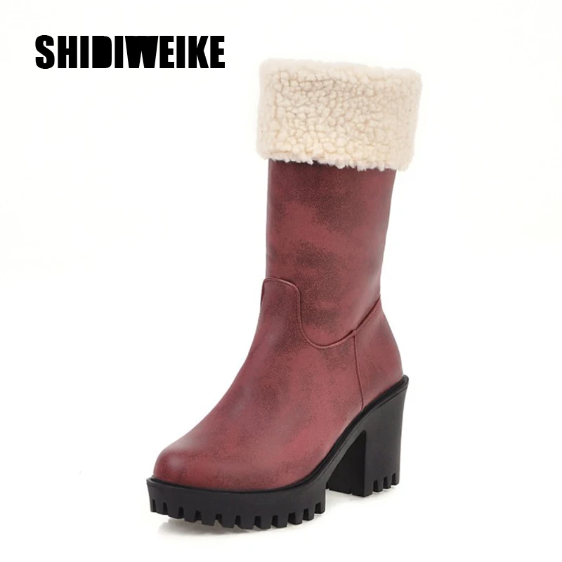 

2019 New Winter PU warm Mid-Calf Boots Comfort Non-slip Zipper Fashion Boots Square High heel Boots Women shoes J659