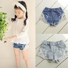 От 2 до 12 лет, новые летние модные джинсовые шорты с кружевными карманами для девочек повседневные штаны для малышей Детские шорты Детская одежда Retai