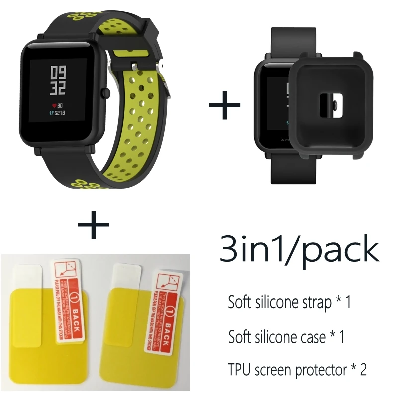 3в1 Для Xiao mi Hua mi Amazfit Bit ремешок BIP PACE Lite Молодежные умные часы mi Fit braceket+ силиконовые полосы+ мягкий чехол+ 2 пленки для экрана - Цвет: Black yellow-Black