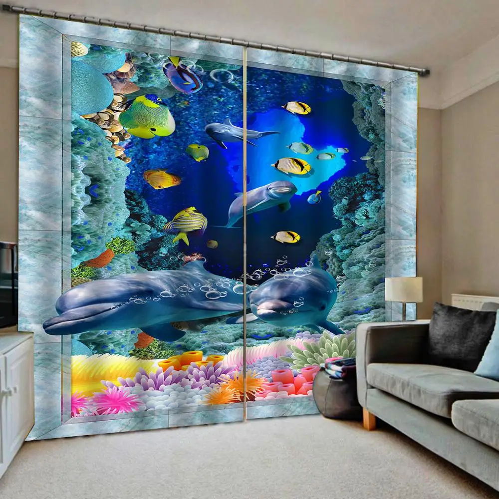 Blue curtains Beautiful Photo Fashion Customized 3D Curtains ocean dolphin Decoration | Дом и сад