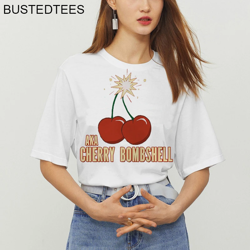 Новые женские футболки с вишневой бомбой повседневные Harajuku Love печатный верхний