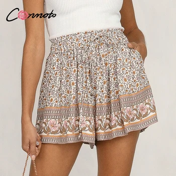 

Conmoto Bohemian floral print women shorts High waist elastic lace up female casual shorts Beach summer ladies cotton shorts