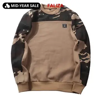 

Thick Patchwork Men's Sweatshirts Casual Camo Pullover Side Buckle Ribbon Camouflage Hoodless Sweatshirt Hip Hop Male Streetwear