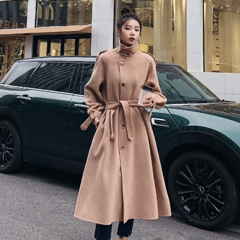 

Photo Shoot INS Mid-length Customizable Powder Waist Hugging Lace-up Thick Elegant Ladies' Peter Pan Collar Woolen Coat Women's
