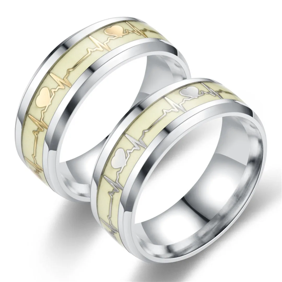 Luminous ECG Ring Vintage Glow In The Dark Stainless Steel Promise Rings For Women Heartbeat Finger Ring Couple Male Jewelry