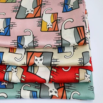 

100cm*150cm Cute Cat Fabric Soft Crepe Satin Charmeuse Material Cartoon Scarf Tissu