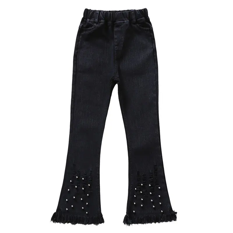 

Children Spring Autumn Black Fringe Pants New Fashion Kids Girl Beaded Jeans Comfortable Cotton Casual Denim Trousers For Teens