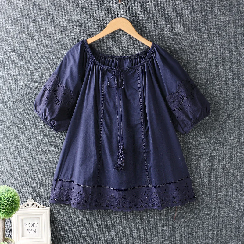 2019 summer new women fresh drawstring O-Neck hollow out embroidery shirt female loose casual short sleeve blouse tops 3