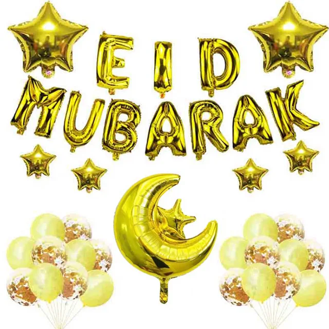1Set Eid Mubarak Letter Foil Balloons Ramadan Kareem Decorations Banner Star Moon Helium Globos Muslim Islamic Party Supplies 37pcs gold