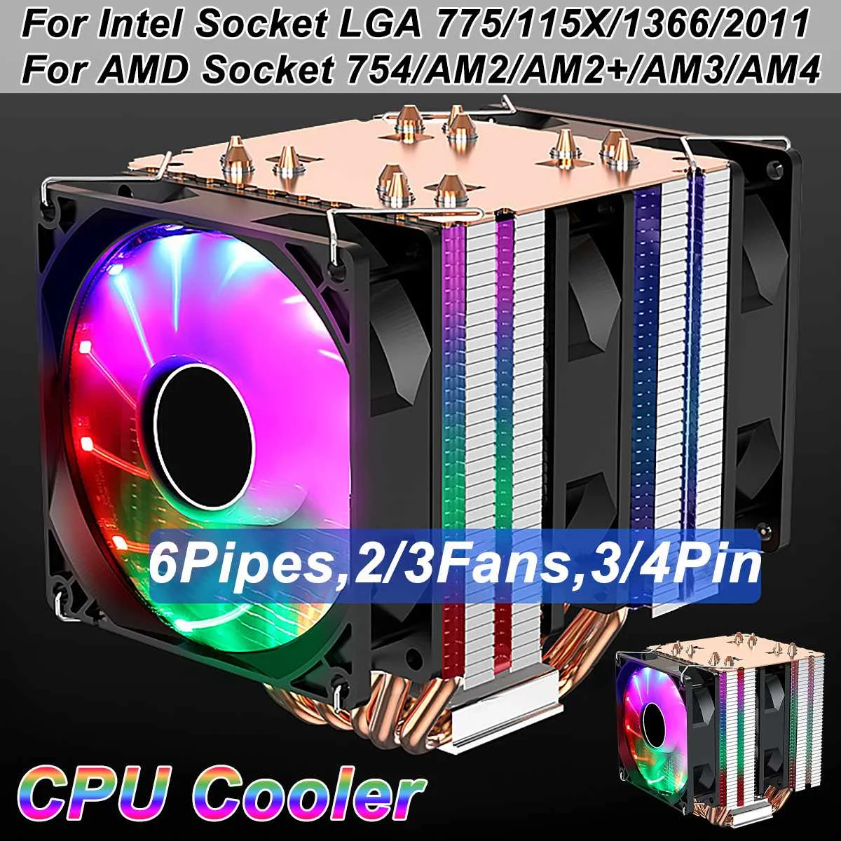 CPU Coolling Fan Heatsink 6 Copper Heat pipe 3/4 Pin RGB Cooler For Intel Socket LGA 775/115X/1366/2011/AMD 754/AM2 | Компьютеры и