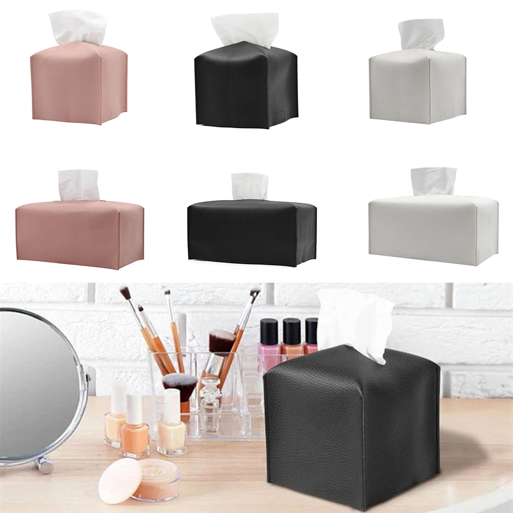 Tissue Box Cover Holder Square Decoration PU Leather Facial Tissues Case Roll Paper Dispenser For Bathroom Vanity Countertop