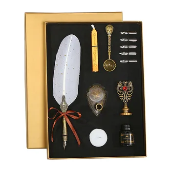 

Office Sprinkling Gold 5 Nib Exquisite Storage Box Birthday Gift Calligraphy Student Vintage Artificial Feather Fountain Pen Set