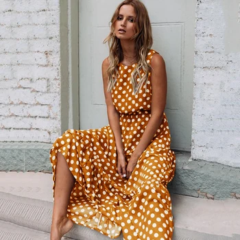

A Line Sleeveless Yellow Polka Dot Dress High Waist Women Summer Maxi Dresses 2020 Vintage Sundress Loose Casual Long Dress Dot