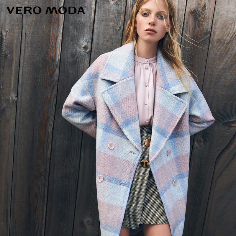Vero Moda зимнее длинное шерстяное клетчатое двубортное пальто женское оверсайз | 318327557 - Цвет: Soft blue