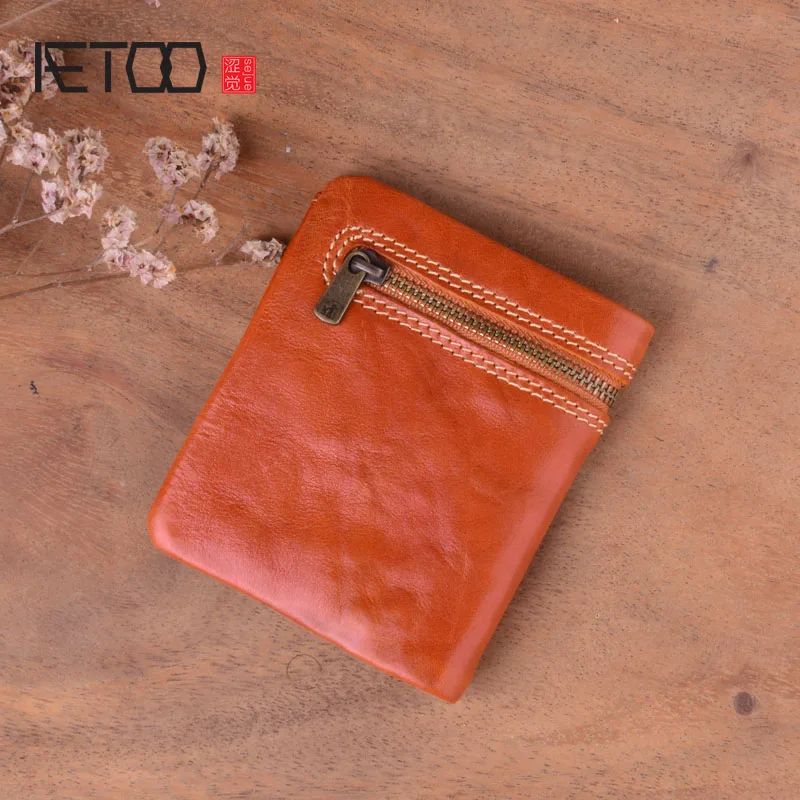 

AETOO Mini wallet men's handmade leather ultra-thin soft leather skin clip layer leather wallet short zipper buckle