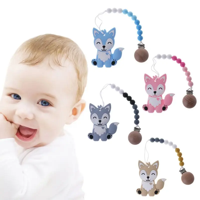 

1 Set Pacifier Clip With Teether Fox Cartoon Baby Chain Nipple Clips Soother Teething Silicone Wood Beads Holder Newborn Toys Ch