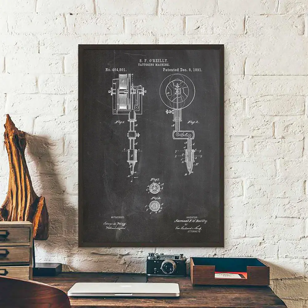 

First Tattoo Machine Patent Vintage Posters And Prints Blueprint Canvas Painting Pictures For Tattoo Parlor Wall Decorations