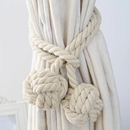 Cotton Rope Braided Curtain Tieback Tassel Cotton Rope Tie Backs with Balls American Pastoral Style 1 Piece