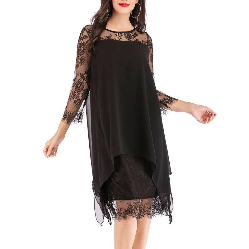 MISSJOY, новинка, кружевные платья с рукавами 3/4, женские, из кусков, шифон, нерегулярные, Круглый ворот, элегантные, одноцветные, для женщин, для вечеринки, открытые